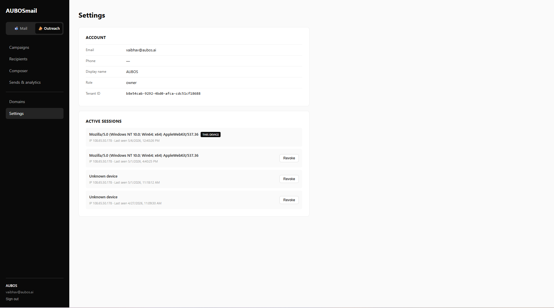 Tenant settings — account, role, opaque tenant ID, and an active-sessions list with revoke-anywhere. The same page surfaces audit history for owners.